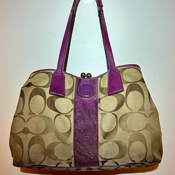 Coach Purple and Tan Signature Tote Bag - Picture 1 of 11